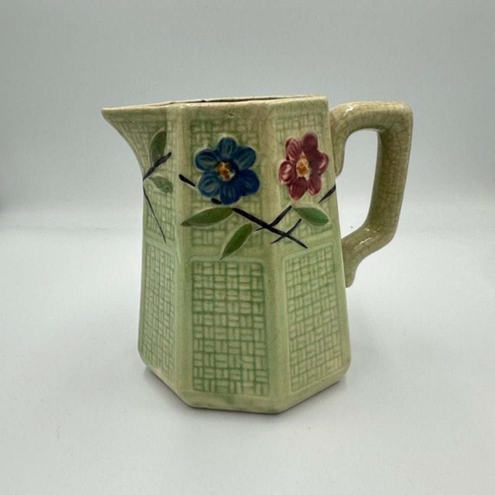 Vintage Green Floral Pitcher Crackle Glaze Ceramic Octagonal Cottagecore Decor